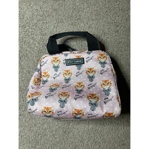 Betsey Johnson Pink Kitty Cat Stripe Bowtie Fabric Insulated Zip Lunch Tote 9"